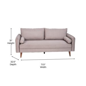 Yesterday's design meets today's materials in the trendy mid-century modern aesthetic of this compact sofa ideal for small spaces. Cozy faux linen upholstery covers this and gives any space an instant upgrade. Real wood legs and a solid wood frame allow this sofa to hold up to 800 Lbs. static weight while generous foam padding atop the pocket springs adds an extra supportive feel. Fixed floor glides prevent damage to your hard flooring surfaces and the attached seat cushion keeps your space tidy. The twin back cushions are removable for fluffing or to catch a quick nap. Tool-free assembly takes less than 10 minutes for quick and easy setup and a damp cloth is all it takes to keep it looking new. This on-trend seating arrives in a single box and pairs with other pieces in our collection to complete the look of your living room