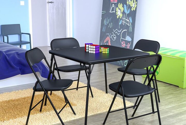 Host all those upcoming events with ease when you have this 5 Piece Black Folding Card Table and Chair Set. This set is a convenient solution for times when you have more guests than table settings. This folding card table is the perfect size for card and board games to get the family involved or to host game night. The 5 piece set includes 4 metal padded folding chairs and a square folding table. The table top is padded to help slow down thrown cards from sliding off the table. Powder coating protects the legs from scratches while plastic floor glides protect your floor by sliding smoothly.This classic set comes in handy when you need additional table settings for family get-togethers or for poker night in the man cave. It can be used indoors or outside and is lightweight and easy to fold up