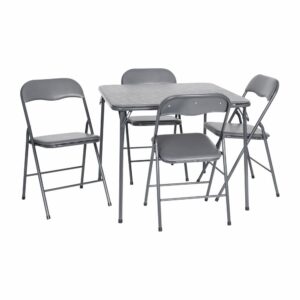 Host all those upcoming events with ease when you have this 5 Piece Gray Folding Card Table and Chair Set. This set is a convenient solution for times when you have more guests than table settings. This folding card table is the perfect size for card and board games to get the family involved or to host game night. The 5 piece set includes 4 metal padded folding chairs and a square folding table. The table top is padded to help slow down thrown cards from sliding off the table. Powder coating protects the legs from scratches while plastic floor glides protect your floor by sliding smoothly.This classic set comes in handy when you need additional table settings for family get-togethers or for poker night in the man cave. It can be used indoors or outside and is lightweight and easy to fold up