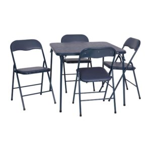 Host all those upcoming events with ease when you have this 5 Piece Navy Folding Card Table and Chair Set. This set is a convenient solution for times when you have more guests than table settings. This folding card table is the perfect size for card and board games to get the family involved or to host game night. The 5 piece set includes 4 metal padded folding chairs and a square folding table. The table top is padded to help slow down thrown cards from sliding off the table. Powder coating protects the legs from scratches while plastic floor glides protect your floor by sliding smoothly.This classic set comes in handy when you need additional table settings for family get-togethers or for poker night in the man cave. It can be used indoors or outside and is lightweight and easy to fold up