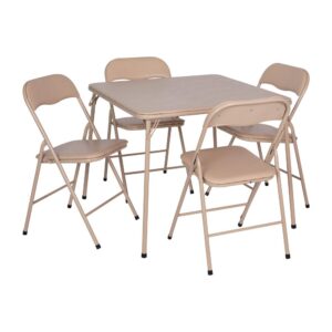 Host all those upcoming events with ease when you have this 5 Piece Tan Folding Card Table and Chair Set. This set is a convenient solution for times when you have more guests than table settings. This folding card table is the perfect size for card and board games to get the family involved or to host game night. The 5 piece set includes 4 metal padded folding chairs and a square folding table. The table top is padded to help slow down thrown cards from sliding off the table. Powder coating protects the legs from scratches while plastic floor glides protect your floor by sliding smoothly.This classic set comes in handy when you need additional table settings for family get-togethers or for poker night in the man cave. It can be used indoors or outside and is lightweight and easy to fold up