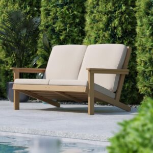 Give a fresh new take to any indoor or outdoor space with this modern Adirondack style deep seat loveseat with cushions. The streamlined back and arms give this 2 seat chair a sleek profile that will complement any décor while the foam filled cushions keep you comfy and cozy. Constructed of weather-resistant polystyrene