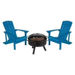 Take a break from the pressures of everyday life and find the perfect relaxation spot with this set of 2 colorful blue adirondack lounging chairs and star and moon fire pit bundled set. This lounger has a wide back