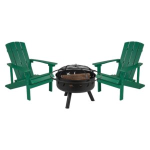 Take a break from the pressures of everyday life and find the perfect relaxation spot with this set of 2 colorful green adirondack lounging chairs and star and moon fire pit bundled set. This lounger has a wide back
