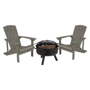 Take a break from the pressures of everyday life and find the perfect relaxation spot with this set of 2 colorful Gray adirondack lounging chairs and star and moon fire pit bundled set. This lounger has a wide back