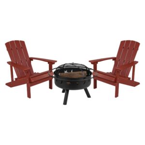 Take a break from the pressures of everyday life and find the perfect relaxation spot with this set of 2 colorful red adirondack lounging chairs and star and moon fire pit bundled set. This lounger has a wide back