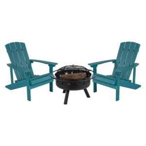 Take a break from the pressures of everyday life and find the perfect relaxation spot with this set of 2 colorful sea foam adirondack lounging chairs and star and moon fire pit bundled set. This lounger has a wide back
