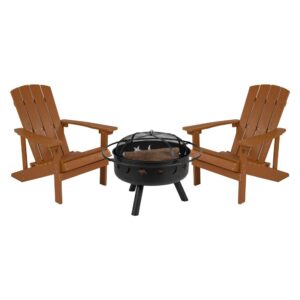 Take a break from the pressures of everyday life and find the perfect relaxation spot with this set of 2 colorful teak adirondack lounging chairs and star and moon fire pit bundled set. This lounger has a wide back