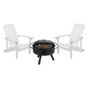 Take a break from the pressures of everyday life and find the perfect relaxation spot with this set of 2 colorful white adirondack lounging chairs and star and moon fire pit bundled set. This lounger has a wide back