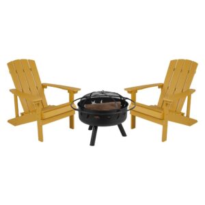 Take a break from the pressures of everyday life and find the perfect relaxation spot with this set of 2 colorful yellow adirondack lounging chairs and star and moon fire pit bundled set. This lounger has a wide back