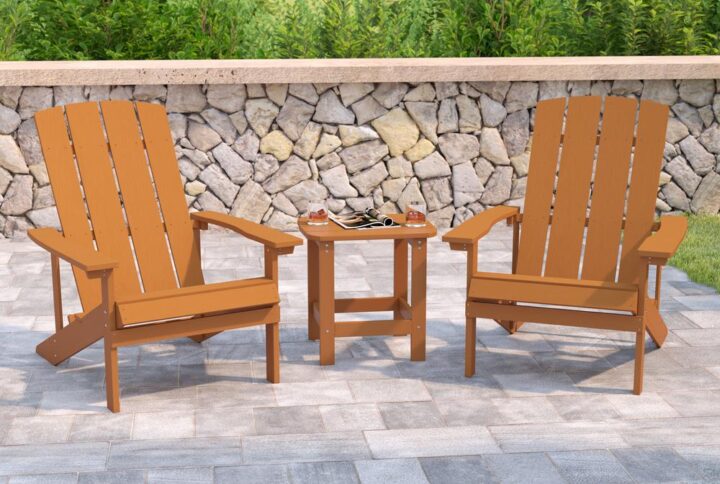 Everything you need to relax and unwind is right at your fingertips when you order this Adirondack style side table and 2 chair set. The classic design of this seating set has stood the test of time and will create a soothing atmosphere. A perfect addition to your patio
