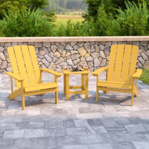 Everything you need to relax and unwind is right at your fingertips when you order this Adirondack style side table and 2 chair set. The classic design of this seating set has stood the test of time and will create a soothing atmosphere. A perfect addition to your patio