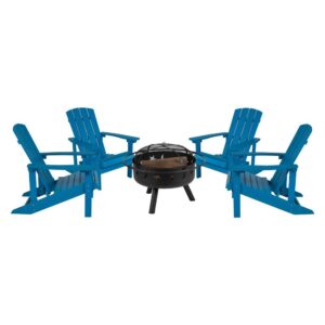 Take a break from the pressures of everyday life and find the perfect relaxation spot with this set of 4 colorful blue adirondack lounging chairs and star and moon fire pit bundled set. This lounger has a wide back