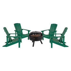 Take a break from the pressures of everyday life and find the perfect relaxation spot with this set of 4 colorful green adirondack lounging chairs and star and moon fire pit bundled set. This lounger has a wide back