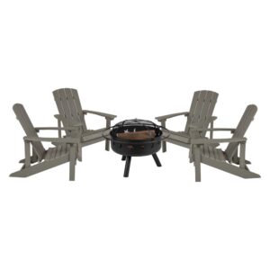 Take a break from the pressures of everyday life and find the perfect relaxation spot with this set of 4 colorful Gray adirondack lounging chairs and star and moon fire pit bundled set. This lounger has a wide back