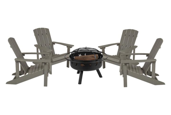 Take a break from the pressures of everyday life and find the perfect relaxation spot with this set of 4 colorful Gray adirondack lounging chairs and star and moon fire pit bundled set. This lounger has a wide back