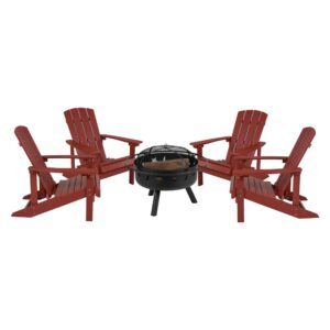 Take a break from the pressures of everyday life and find the perfect relaxation spot with this set of 4 colorful red adirondack lounging chairs and star and moon fire pit bundled set. This lounger has a wide back