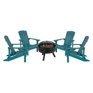 Take a break from the pressures of everyday life and find the perfect relaxation spot with this set of 4 colorful sea foam adirondack lounging chairs and star and moon fire pit bundled set. This lounger has a wide back