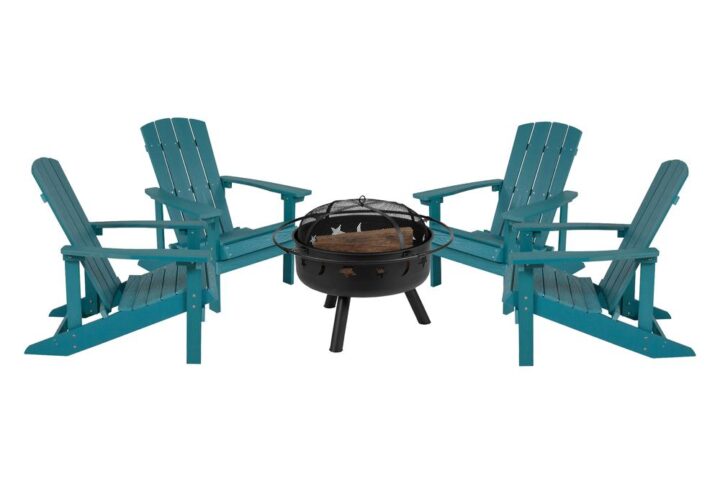 Take a break from the pressures of everyday life and find the perfect relaxation spot with this set of 4 colorful sea foam adirondack lounging chairs and star and moon fire pit bundled set. This lounger has a wide back