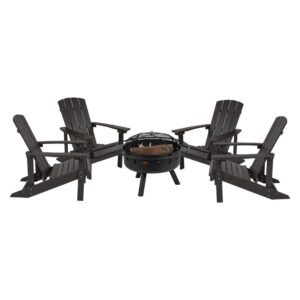 Take a break from the pressures of everyday life and find the perfect relaxation spot with this set of 4 colorful slate gray adirondack lounging chairs and star and moon fire pit bundled set. This lounger has a wide back