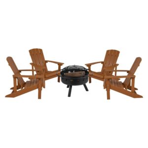 Take a break from the pressures of everyday life and find the perfect relaxation spot with this set of 4 colorful teak adirondack lounging chairs and star and moon fire pit bundled set. This lounger has a wide back