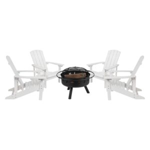 Take a break from the pressures of everyday life and find the perfect relaxation spot with this set of 4 colorful white adirondack lounging chairs and star and moon fire pit bundled set. This lounger has a wide back
