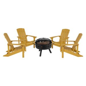 Take a break from the pressures of everyday life and find the perfect relaxation spot with this set of 4 colorful yellow adirondack lounging chairs and star and moon fire pit bundled set. This lounger has a wide back