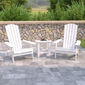 Your leisure time just got much more relaxing with this set of 2 all-weather folding Adirondack chairs and matching accent table. The classic design of this Adirondack seating set has stood the test of time and will make a lovely addition to any space. Whether your favorite spot is the beach