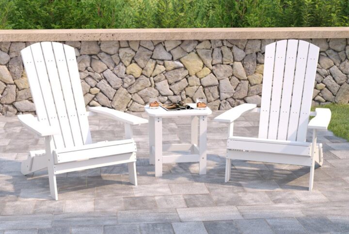Your leisure time just got much more relaxing with this set of 2 all-weather folding Adirondack chairs and matching accent table. The classic design of this Adirondack seating set has stood the test of time and will make a lovely addition to any space. Whether your favorite spot is the beach