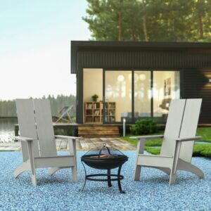 Refresh your outdoor space with this set of 2 modern dual slat rocking Adirondack rocking chairs and 22" round fire pit. The upgraded design of this 3 piece outdoor set is ideal on your concrete patio