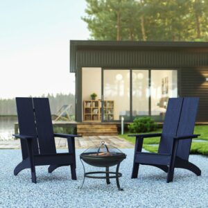 Refresh your outdoor space with this set of 2 modern dual slat rocking Adirondack rocking chairs and 22" round fire pit. The upgraded design of this 3 piece outdoor set is ideal on your concrete patio