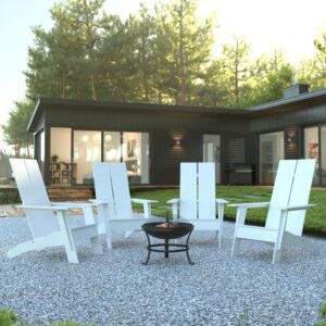 Refresh your outdoor space with this set of 4 modern dual slat rocking Adirondack rocking chairs and 22" round fire pit. The upgraded design of this 5 piece outdoor set is ideal on your concrete patio