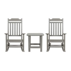 Enjoy the view from your front porch or back deck with this set of 2 poly resin rocking chairs with an included accent table. The design of this seating set is a timeless classic and will create a soothing atmosphere. A perfect addition to your patio