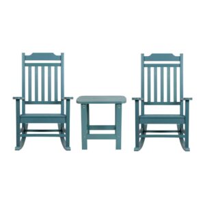 Enjoy the view from your front porch or back deck with this set of 2 poly resin rocking chairs with an included accent table. The design of this seating set is a timeless classic and will create a soothing atmosphere. A perfect addition to your patio