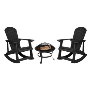 Extend the time you spend outdoors with this set of 2 rocking Adirondack rocking chairs and 22" round fire pit. Lending a restful atmosphere to any environment