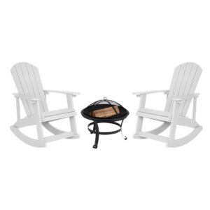 Extend the time you spend outdoors with this set of 2 rocking Adirondack rocking chairs and 22" round fire pit. Lending a restful atmosphere to any environment