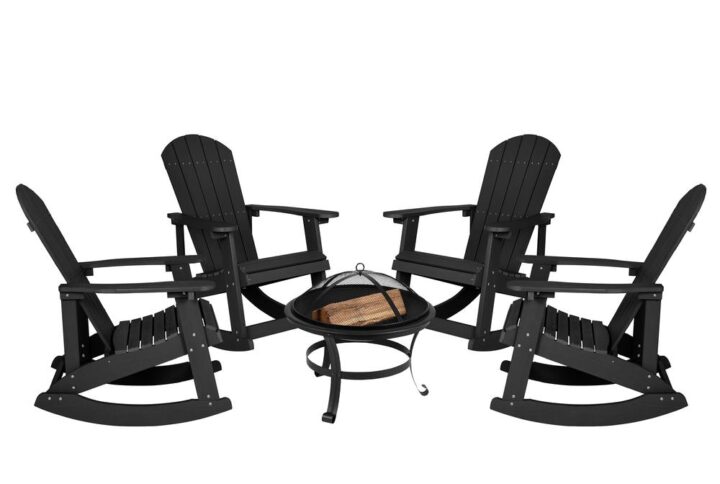 Extend the time you spend outdoors with this set of 4 rocking Adirondack rocking chairs and 22" round fire pit. Lending a restful atmosphere to any environment