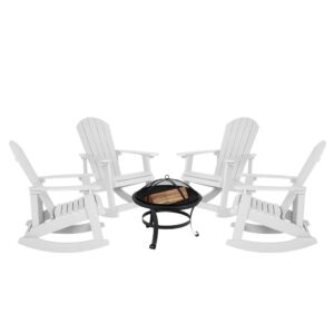 Extend the time you spend outdoors with this set of 4 rocking Adirondack rocking chairs and 22" round fire pit. Lending a restful atmosphere to any environment