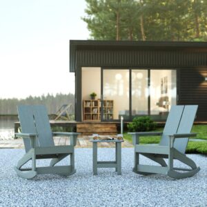 Take comfort anywhere you are with this set of 2 modern dual slat Adirondack rocking chairs with side table. This 3 piece seating set boasts an update on the classic Adirondack chair and is ideal on the front porch and in your sunroom. The smooth motion rockers allow you to rest and relax while the side table holds your belongings or decor. Designed to stand up to almost any environment