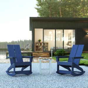 Take comfort anywhere you are with this set of 2 modern dual slat Adirondack rocking chairs with side table. This 3 piece seating set boasts an update on the classic Adirondack chair and is ideal on the front porch and in your sunroom. The smooth motion rockers allow you to rest and relax while the side table holds your belongings or decor. Designed to stand up to almost any environment