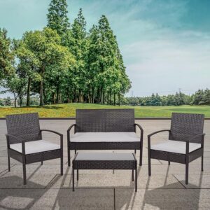 This stylish black four piece grouping with its gray all-weather cushions includes a loveseat