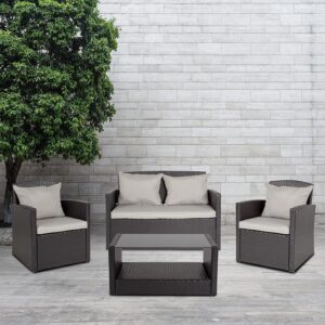 This cozy black seating group is essential to any outdoor space. It is an invitation to relax and unwind in comfort on gray weather resistant cushions crafted for durability. This ensemble features a loveseat
