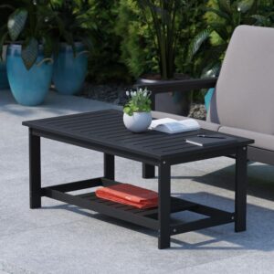 Give your outdoor seating a cohesive look while adding much needed storage with the classic look of this 2 tiered adirondack style poly resin coffee table. Constructed from weather-resistant polystyrene