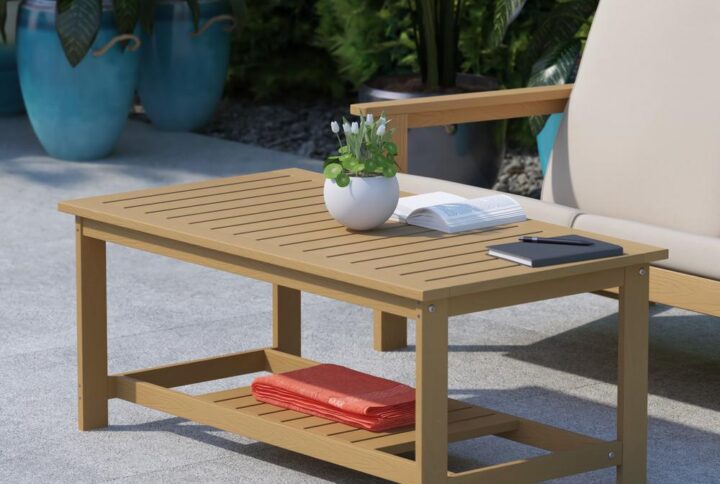 Give your outdoor seating a cohesive look while adding much needed storage with the classic look of this 2 tiered adirondack style poly resin coffee table. Constructed from weather-resistant polystyrene