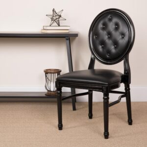 Everyone knows a good chair takes the whole evening up a notch. This gorgeous sculpted King Louis chair with Black Vinyl Back and Seat and Black Frame will be the focal point in any area of the home or event setting. Use in the dining room