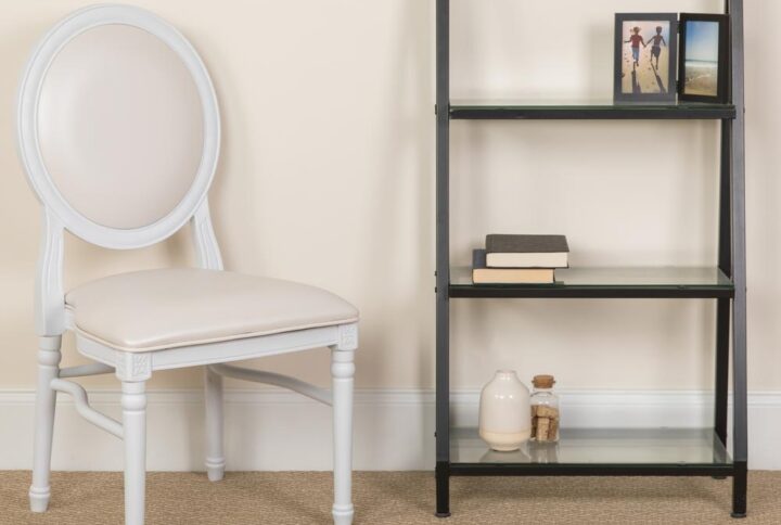 Everyone knows a good chair takes the whole evening up a notch. This gorgeous sculpted King Louis chair with White Vinyl Back and Seat and White Frame will be the focal point in any area of the home or formal setting. Use in the dining room