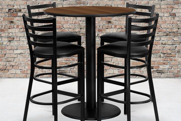 Don't have time to search through hundreds or thousands of table and seating options? This complete Bar Height Table and Stool set saves you time to focus on your growing business. This set includes an elegant Walnut Laminate Table Top