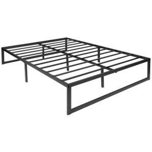 Refresh the look of your bedroom or guest room with this black textured finish full metal platform bed frame that can be used with most headboards or as a standalone bedframe. The lack of a headboard and footboard will streamline a modern bedroom but will also give the illusion of an open