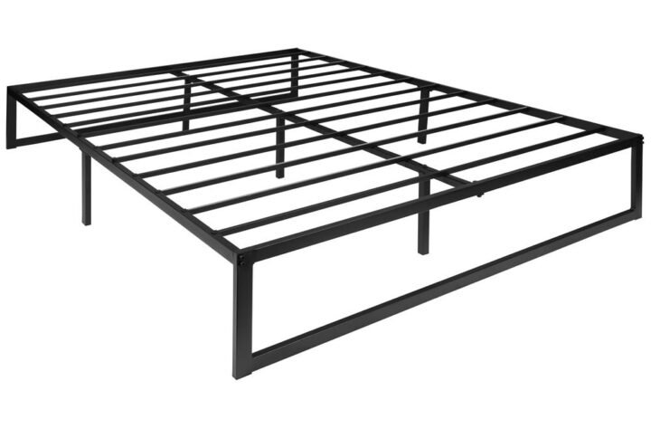 Refresh the look of your bedroom or guest room with this black textured finish queen metal platform bed frame that can be used with most headboards or as a standalone bedframe. The lack of a headboard and footboard will streamline a modern bedroom but will also give the illusion of an open