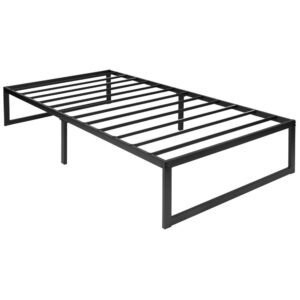 Refresh the look of your bedroom or guest room with this black textured finish twin metal platform bed frame that can be used with most headboards or as a standalone bedframe. The lack of a headboard and footboard will streamline a modern bedroom but will also give the illusion of an open